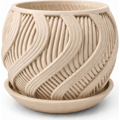 Pot de fleurs beige ondulé avec une soucoupe décorative moderne (1/3)