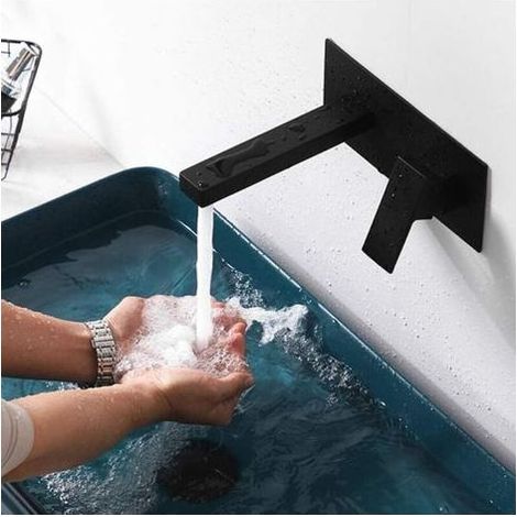 Wandmontierter Mischer für Waschbecken oder Badewanne, Einhebelmischer mit breitem Wasserfallstrom, mattschwarze Oberfläche – geeignet für französische Badezimmer (1/5)