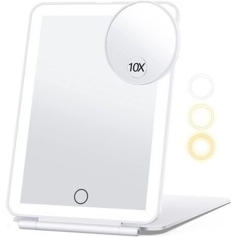 Travel Makeup Mirror with 10X Magnification, Vanity Mirror with 3 Color Lighting, Portable Makeup Mirror with Lighting (White) (1/5)