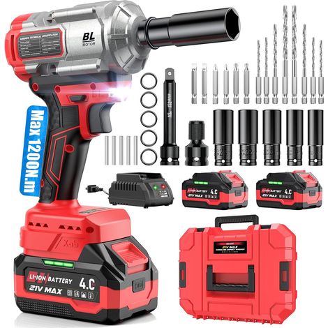 1200 Nm 3-in-1 Cordless Impact Wrench / Impact Driver / Impact Drill - High Torque 1/2" with Brushless Motor, 2 x 4.0Ah Batteries, Sockets, Drill Bits (1/5)