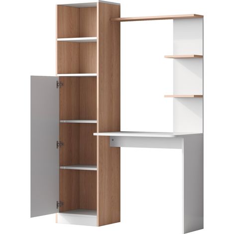 Bureau de travail blanc avec rangement bois, meuble bas fermé et étagères ouvertes, 123,5 x 45 x 168,5 cm (1/5)