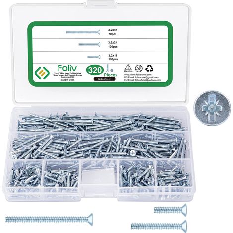 Lot de 320 vis pour boîtiers d'interrupteur, vis de machine, boîte d'assortiment de vis Ø 3,2 x 15 mm, 3,2 x 25 mm, 3,2 x 40 mm, vis à tête fraisée en acier galvanisé avec PZ1/fente (1/5)