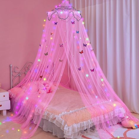 Moustiquaire lumineuse LED pour chambre de princesse, décoration avec étoiles et papillons, rose, 60 x 250 x 1100 cm (porte simple) (1/5)
