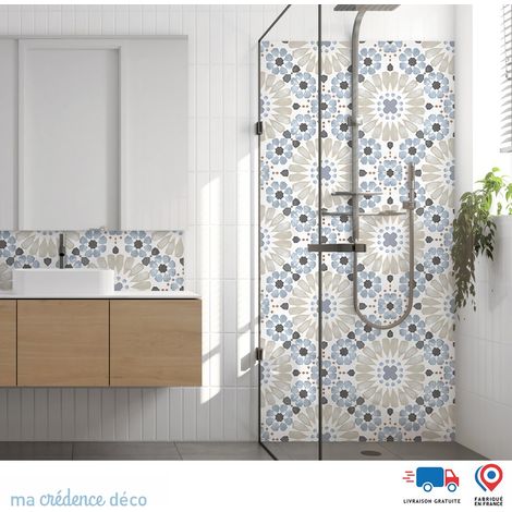 Panneau de douche : Carreaux de ciment fleurs - Couleur Bleu turquoise - Alu composite - 90 - 245 (1/3)