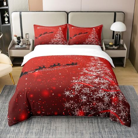Arbre De Noël Housse De Couette 140x200cm 100% Cotona Enfants Noël Père Parure Lit Deluxe Galaxie Snowflake Parure Lit Garçon Léger Rouge avec 1 Taies d'oreiller - 140 x 200 cm + 1 taie d'oreiller 65 (1/5)