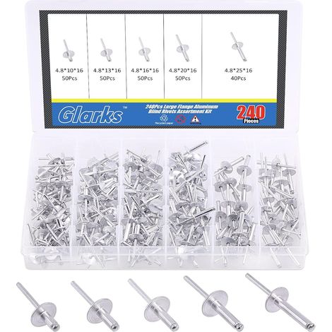 Ensemble de rivets aveugles à grande bride en aluminium de 240 pièces de 3/16" x 3/8" / 1/2" / 5/8" / 3/4" / 1" de 5 tailles (1/5)