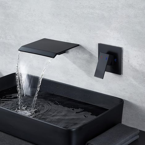 Robinet de Lavabo Encastrable Mural Cascade Noir Mat en Laiton - Mitigeur Chaud/Froid Carré à Bec Plat Large pour Vasque (1/3)