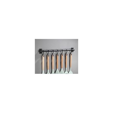 Barre de Suspension Murale GROOFOO en Métal Aluminium/Inox, Sans Perçage, 50cm, 7 Crochets pour Casseroles et Accessoires de Cuisine - Noir (Sans Ustensiles) (1/5)
