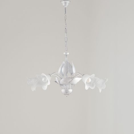 Araña de hierro blanco plata cinco luces Alabastro Cristal blanco 68x h43 cm
