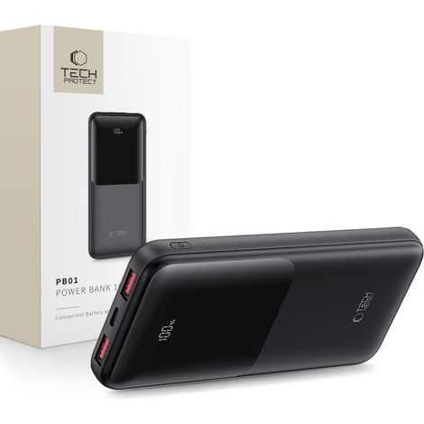 Batería externa TECH-PROTECT PB01 de 10000 mAh y 22,5 W, color negro.