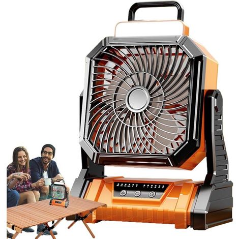 Ventilateur de camping portable, 4 vitesses, avec lanterne 5400 mAh, pour intérieur, terrasse, tente, plage, voyage, garage, chambre, orange (1/5)