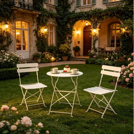 Ensemble de mobilier de terrasse pliable crème, 1 table ronde et 2 chaises métalliques pour extérieur (1/5)