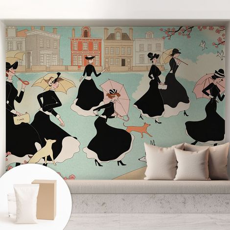 Tapete Dekorative Vliestapete mit Klebe für Wand - Mustertapete - moderne Einrichtung - für Büro Spazierende Frauen 208x146 cm (1/5)