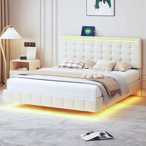 Doppelbett - Mieter - 160x200 cm - Lattenrost - Integriertes mehrfarbiges LED - Beigefarbener Leinenstoff