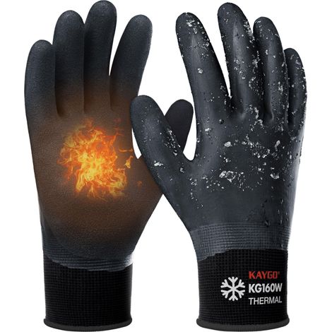 gants thermiques imperméables, double revêtement en latex, pour le stockage au réfrigérateur, par temps froid, jardinage extérieur en hiver, pelle à neige, KG160W (Noir, S, taille 7, 1 paire) (1/5)