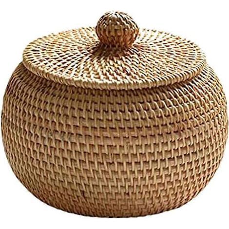 Boîte ronde en rotin avec couvercle, boîte de rangement tressée à la main, décoration pour la maison (1/5)