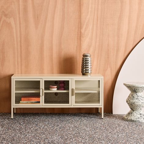 Meuble TV industriel métal et verre trempé 3 portes 120cm beige - Arkansas (1/5)