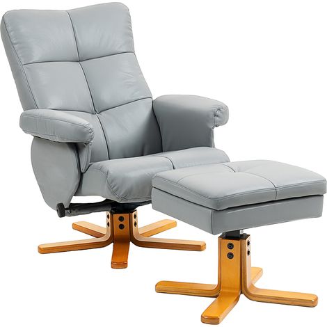 Light Grey PU Leather Swivel Recliner Chair with Footstool and Storage,Stylish Wooden Base for Living Room Comfort