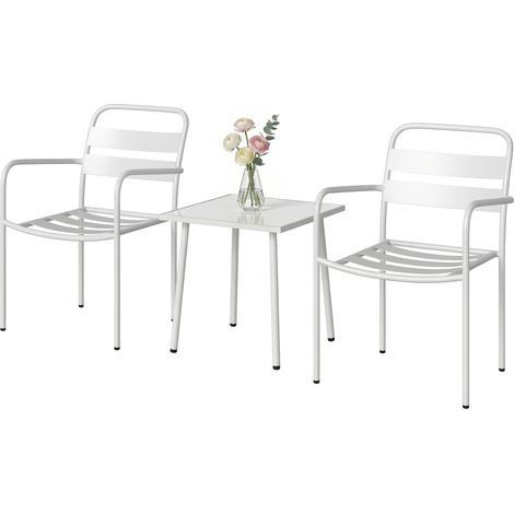 3-teiliges Bistro-Set: Glastisch und 2 Stühle, weiße Gartenmöbel.