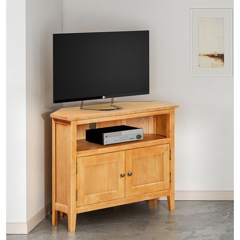 Hallowood Furniture Aston Small Corner TV Cabinet with Open Shelf and Cupboard, Oak Wooden TV Stand Cabinet with Storage, Ready Assembled Corner TV Units for Living Room and Bedroom (1/5)