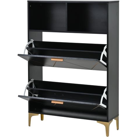 Zapatero estrecho negro 80 x 25 x 117 cm con 2 puertas abatibles y 2 huecos abiertos (1/5)