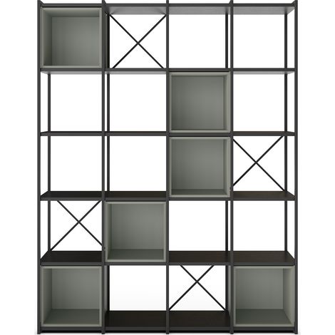 Etagère haute, meuble étagère aspect bois coloris Vert et métal noir - Longueur 140 x Profondeur 39 x Hauteur 179 cm (1/5)