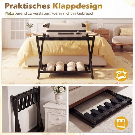 67 x 46 x 52 cm porte-valise pliable en bois d'hévéa, 2 étagères pour valises 61 à 71 cm (1/5)