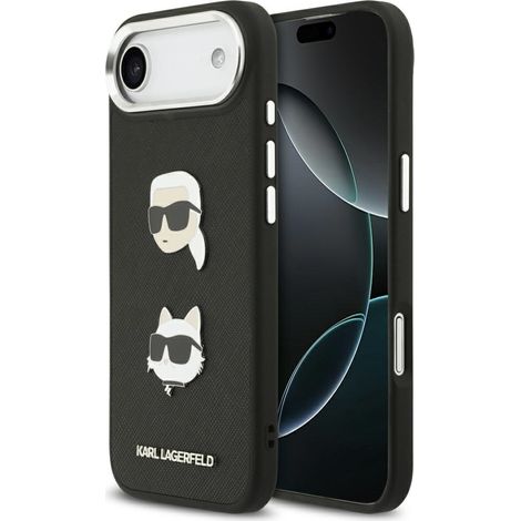 Funda para iPhone Air negra con diseño granulado de Karl y Choupette, pines y logotipo de Karl y Choupette de la colección Otoño/Invierno de Karl Lagerfeld. (1/5)