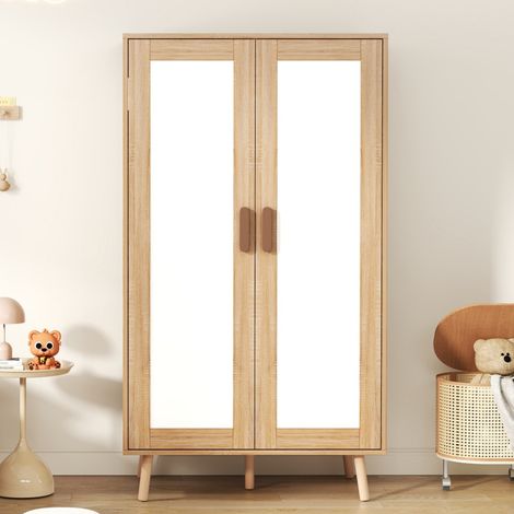 Armoire de Chambre Enfant 2 Portes avec Tringle Penderie Blanche et Bois 80x46x141.5cm Garde-Robe Rangement pour Vêtements Style Nordique