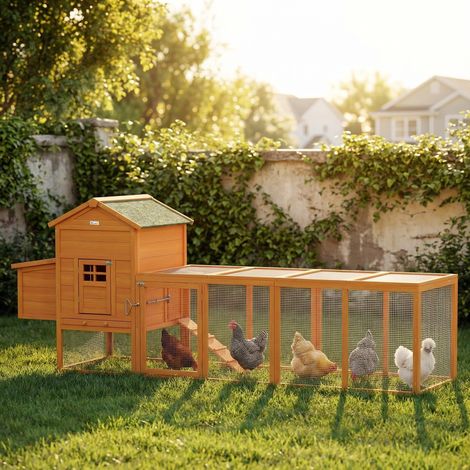 Grand poulailler en bois pour 3 Ă 6 poules, toit en asphalte, pondoir et plateau amovible, 297,5 x 68 x 118 cm, naturel (1/5)