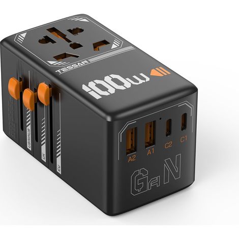 Adaptateur de voyage universel, prise 100 W avec ports de charge 2A2C, convertisseur de puissance, compatible avec les pays du monde entier, noir (1/5)