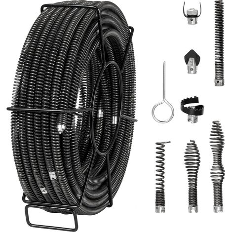 Câble de nettoyage de canalisations, 30 m x 16 mm, câble de tarière de vidange d'égout noyau creux sectionnel, 7 coupeurs pour tuyaux 20-100 mm pour évier, siphon de sol, toilettes (1/5)