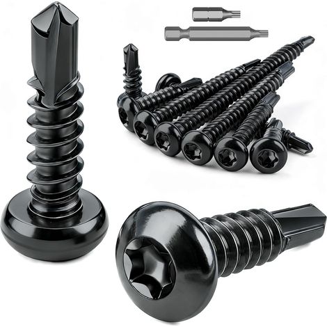 Lot de 100 vis Torx autotaraudeuses en acier inoxydable M4,8x19 mm à tête bombée Vis auto-découpantes en acier 410 Vis autotaraudeuses DIN 7504 à tôle Vis noires pour toiture en métal pour (1/5)