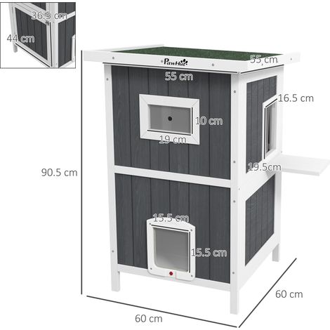 Niche pour chat en bois à deux étages pour l'extérieur (toit en asphalte, 4 portes), 60 x 60 x 90,5 cm, grise (1/5)