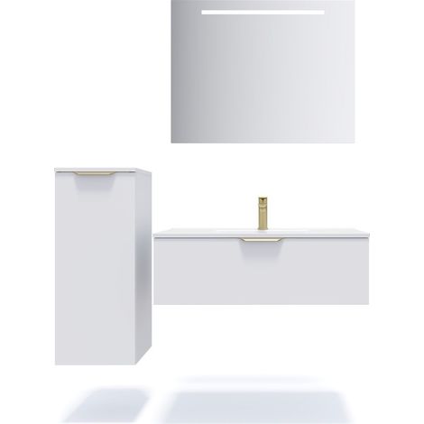 Meuble de salle de bain suspendu vasque intégrée 90cm 1 tiroir Blanc + miroir + colonne ouverture gauche - Venice (1/5)