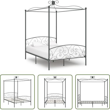 The Living Store Cadre de lit à baldaquin sans matelas gris métal 140x200 cm - Cadre De Lit - Lit À Baldaquin - Lit Metal - Lit Double - Literie (1/5)