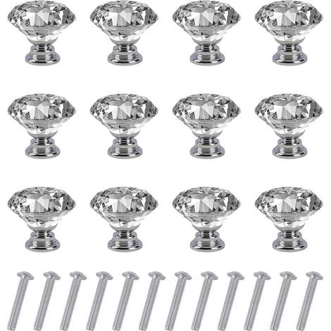 Poignées de porte en cristal, diamants transparents, poignées de tiroir avec vis, idéales pour armoires, bureaux, tables de chevet, bibliothèques, meubles, lot de 12, 30 mm (1/5)