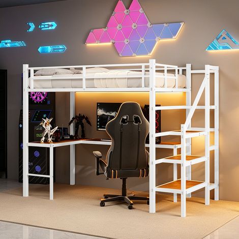 Lit mezzanine avec bureau en équerre, dimensions 90x190 cm, spacieux rangements et étagères, cadre robuste, échelle et garde-corps continus, gain de place optimal. (1/5)