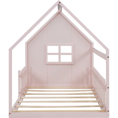 Cama infantil con forma de casa 90 x 200 cm rosa de pino y MDF (1/5)