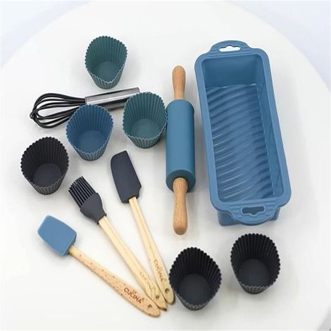 Juego de cocina y repostería para niños de 12 piezas, juguetes de rol, azul y gris (1/4)