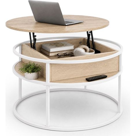 Lift-Top Coffee Table with Storage, White-Beige (1/5)