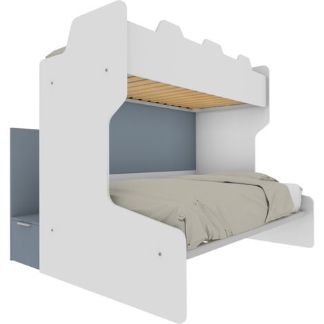 Letto a castello salvaspazio con scala contenitore - 1 Piazza e mezza + singolo - Bianco e Avio