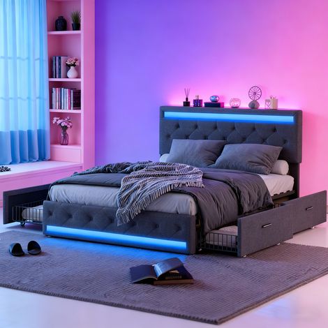 Lit 140x190 cm avec 4 Tiroirs Coulissants de Rangement - LED et Prise USB+Tpye C - Tête de Lit Rembourrée Réglable - Sommier à Lattes en Bois - 2 Personnes - Lin Gris