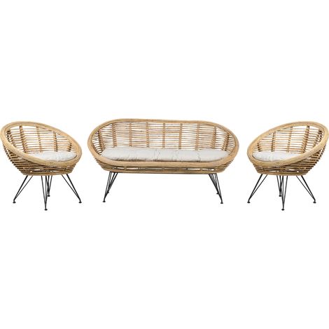 Conjunto 4 plazas ratán sofá sillón boho beige claro cojín tela algodón resistencia media interior natural Maratea (1/5)