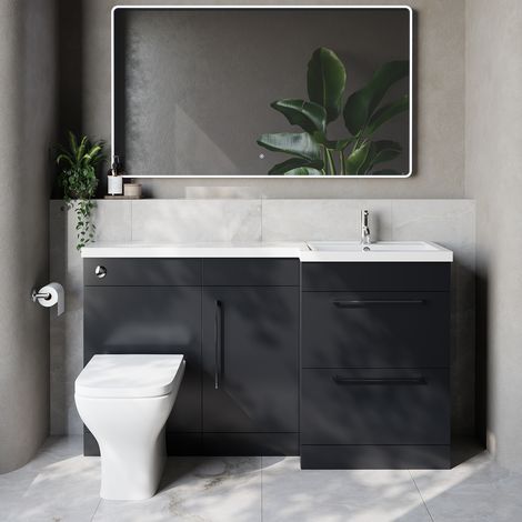 Napoli 390 Gloss Grey 1500mm 2 Drawer Vanity Unit Toilet Suite with Right Hand Square Lucia Basin - 1500mm - Chrome 320mm HandleWith Kingston Toilet Pan and Seat
