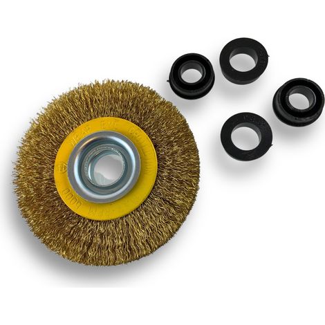 Brosse circulaire LAITON  Ø 100 mm  Epaisseur 2 rangs  Fil dur 0.30 mm ondulé  Alésage 16 mm  Touret meuleuse affûteuse ponceuse  Brossage décapage polissage dérouillage  Kibros 234102LT (1/5)