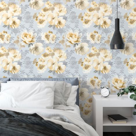 Dramatic Floral Wallpaper Catherine Lansfield Yellow Grey Flower