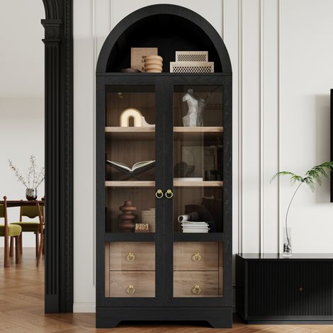 Credenza 76.2x40.1x180 cm, ripiani regolabili e cassetti, ante in vetro trasparente, MDF e vetro nero (1/5)