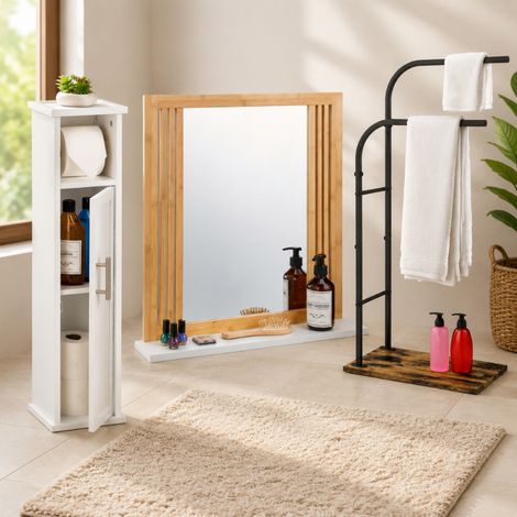 Bamboo Bathroom Storage Set (3-Piece) – Mirror with Shelf, Industrial Towel Rack & Narrow Cabinet (1/5)