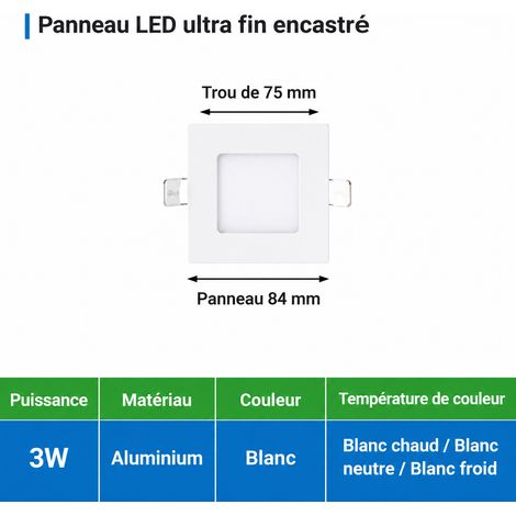 Spot LED encastrable carré 3W 4500K découpe 75 mm aluminium 3w 82mm 75mm 4500k 100 g – Livraison gratuite